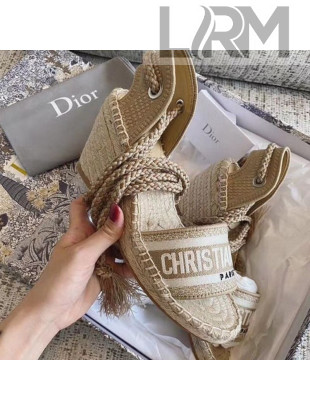 Dior Embroidered Canvas Lace-up Wedge Espadrilles Sandals Beige 2020