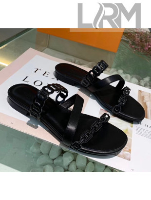 Hermes Leather "Chaine d'Ancre" Straps Ajaccio Slipper Sandal Black 2020