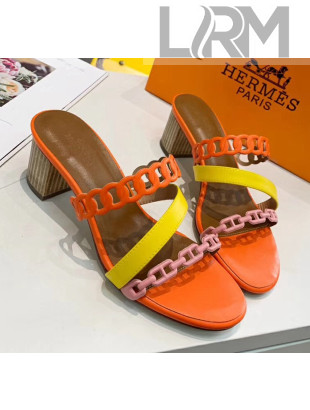 Hermes Leather "Chaine d'Ancre" Straps Ajaccio Sandal With 5cm Heel Orange/Yellow 2020