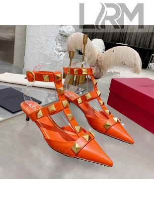 Valentino Roman Stud Lambskin Strap Pumps 4cm Orange 2021