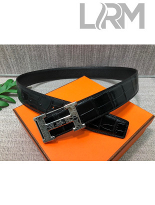 Hermes Crocodile Embossed Calfskin Belt 3.8cm with H Buckle Black/Silver 2021