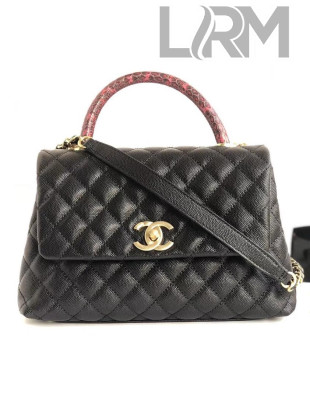 Chanel Chevron Grained Calfskin Coco Python Handle Bag Black 25cm 2018