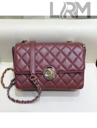 Chanel Quilted Grained Calfskin Round CC Metal Small Flap Bag AS6088 Burgundy 2019