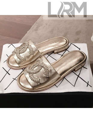 Chanel Chain CC Metallic Leather Flat Mules Slide Sandals G35532 Gold 2020