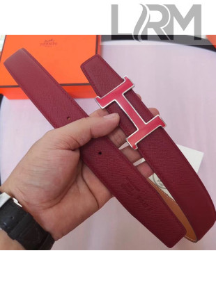 Hermes Leather Reversible Belt 32mm with H Buckle Burgundy/Silver 2019 