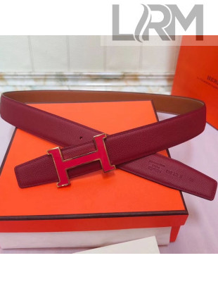 Hermes Leather Reversible Belt 32mm with H Buckle Burgundy/Gold 2019 