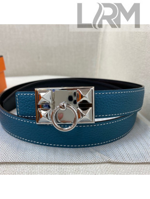 Hermes Glenan Reversible Calfskin Belt 25mm with Stud Buckle Blue 2021