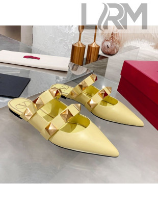 Valentino Roman Stud Calfskin Flat Mules Light Yellow 2021