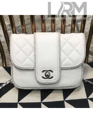 Chanel Fabric Trim Quilted Leather CC Band Flap Bag White 2019