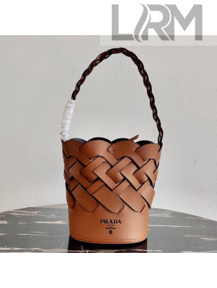 Prada Woven Leather Tress Bucket Bag 1BE049 Brown 2020