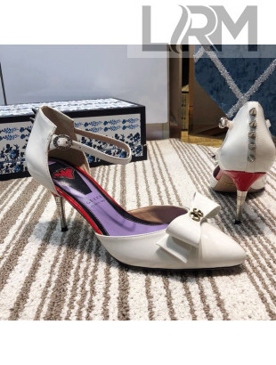 Gucci Leather Spikes Ankle Strap Heel Pumps with Bow White 2019