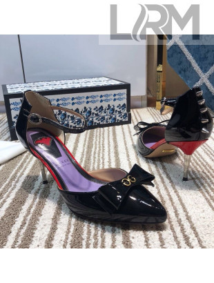 Gucci Leather Spikes Ankle Strap Heel Pumps with Bow Black 2019