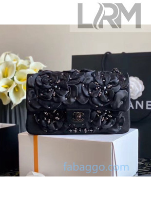 Chanel Satin Medium Flap Bag with Flower Charm A69900 Black 2020