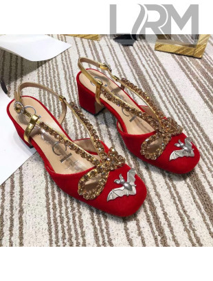 Gucci Velvet Mid-heel Pump with Bat and Crystals 548863 Red 2019