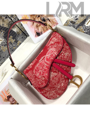 Dior Medium Saddle Bag in Raspberry Red Toile de Jouy Reverse Jacquard Embroidery M0446 