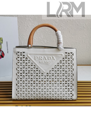 Prada Drill Cutout Calfskin Wood Tote Bag 1BG405 White 2021