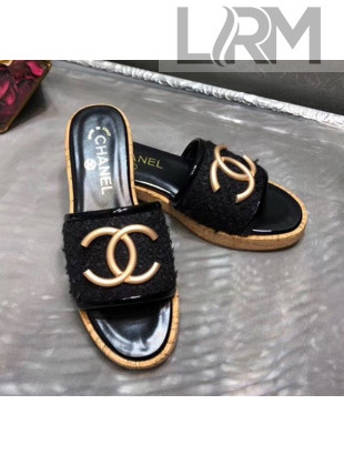 Chanel CC Metal Logo Tweed Flat Slide Sandals Black 2020