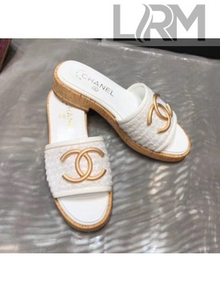 Chanel CC Metal Logo Tweed Flat Slide Sandals White 2020