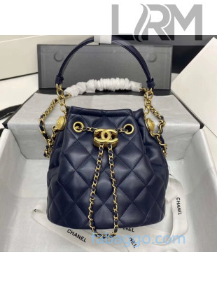 Chanel Quilted Leather Bucket Bag with Metal Button Navy Blue 2020