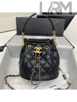 Chanel Quilted Leather Bucket Bag with Metal Button Black 2020