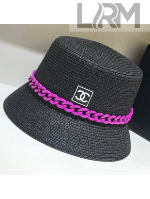 Chanel Straw Bucket Hat with Matte Chain Black 2021