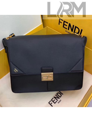 Fendi Kan U Large Matte Calfskin Embossed Corners Flap Bag Black 2019 