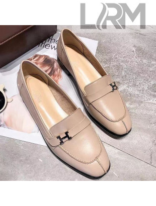 Hermes Calfskin Side H Buckle Flat Loafer Nude 2019