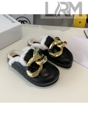 JW Anderson Calfskin Fur Chain Mules Black 2021