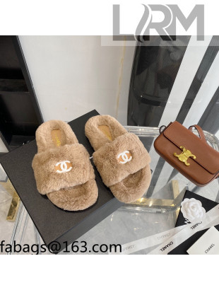 Chanel Fur CC Flat Slide Sandals Brown 2021 112297