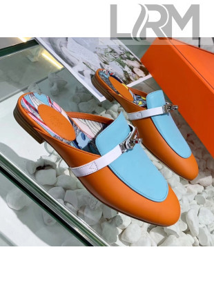 Hermes Calfskin Oz Mules Orange/Blue 2020