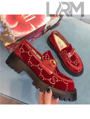 Gucci GG Velvet Horsebit Lug Sole Loafers 583346 Red 2019