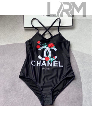 Chanel One-Piece Flower Swimwear CHS15 Black 2021