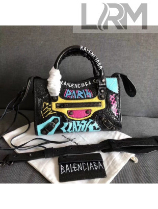 Balenciaga Graffiti Classic Mini City Bag in Crumpled Lambskin Blue/Yellow/Black