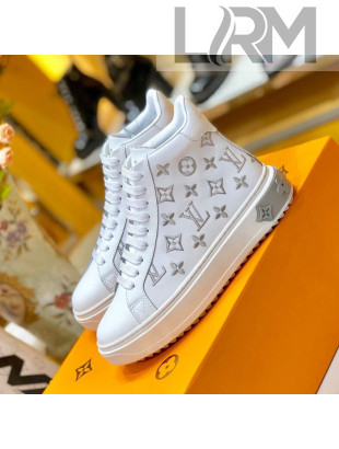 Louis Vuitton Time Out High-top Sneakers in Monogram Embroidered Calfskin White/Silver 2019