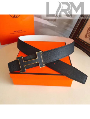 Hermes Oscar Reversible Calfskin Belt 38mm with H Buckle Black/White 2019