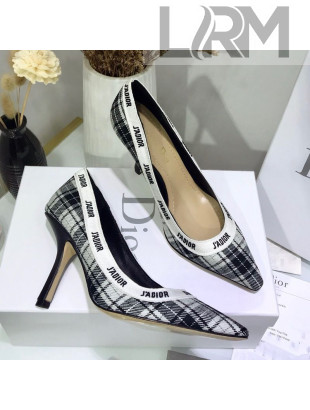 Dior J'Adior High-Heel Pump in Grey Tartan Fabric and Embroidered Ribbon 2019