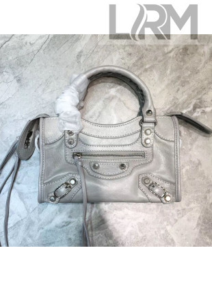 Balenciaga Graffiti Classic Mini City Bag in Crinkle Calfskin Light Grey/Silver