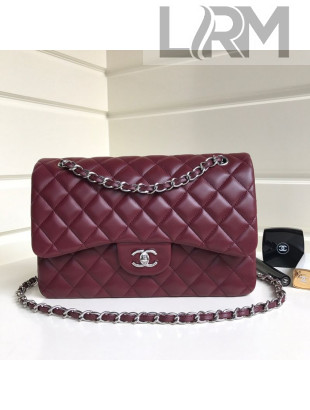 Chanel Jumbo Quilted Lambskin Classic Large Flap Bag Burgundy/Silver 2020