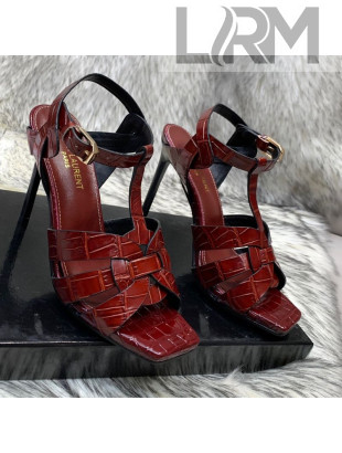 Saint Laurent Stone Embossed Leather High-Heel Sandals 10cm Burgundy 2021 24