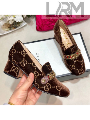 Gucci Sylvie Chain GG Velvet Mid-heel Pump ‎525082 Brown 2019