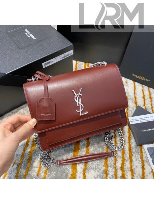 Saint Laurent Sunset Medium Bag in Smooth Leather 442906 Burgundy/Silver 2020