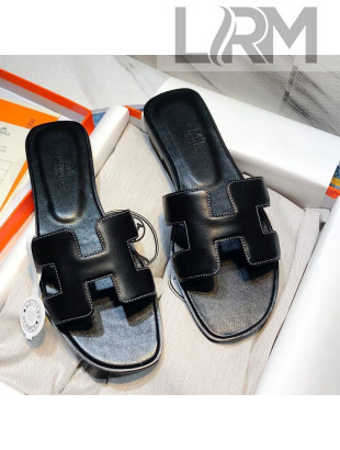 Hermes Oran Classic Calfskin Flat Slide Sandal Black 2021 03