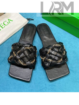 Bottega Veneta Leather Chain Woven Flat Slide Sandals Black 2021