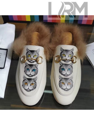 Gucci Princetown Calfskin Wool Slipper with Mystic Cats White 2019