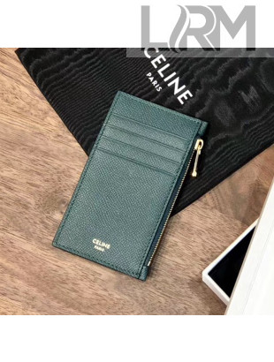 Celine Zipped Compact Card Holder in Grained Calfskin Deep Green 2020