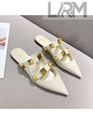 Valentino Roman Stud Calfskin Flat Mules White 2021