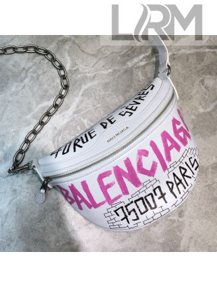 Balenciaga Souvenir XS Graffiti Calfskin Belt Bag White/Pink 2019