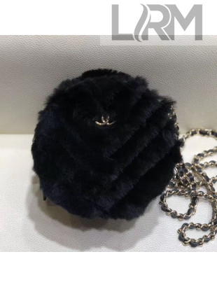 Chanel Chevron Fur Round Clutch with Chain A88803 Black 2019