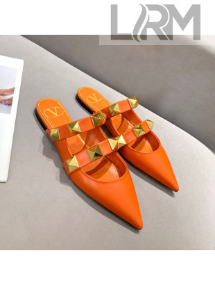 Valentino Roman Stud Calfskin Flat Mules Orange 2021