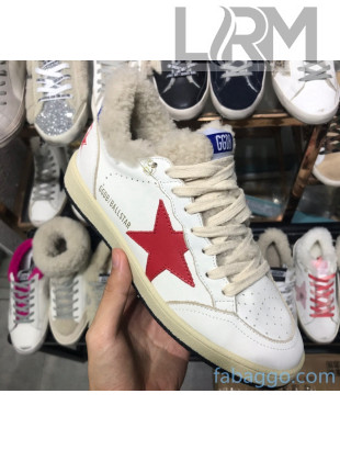 Golden Goose Ball Star Sneakers in Shearling and Calfskin White/Red 02 2020